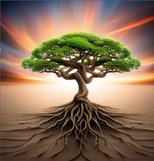 Bonsai Tree with roots in the middle of a dry desert landscape with beautiful colors of the sunset in a darkening sky 